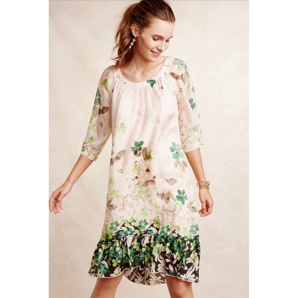 Anthropologie VANESSA VIRGINIA Size S Rainforest 100% SILK Dress Green Floral